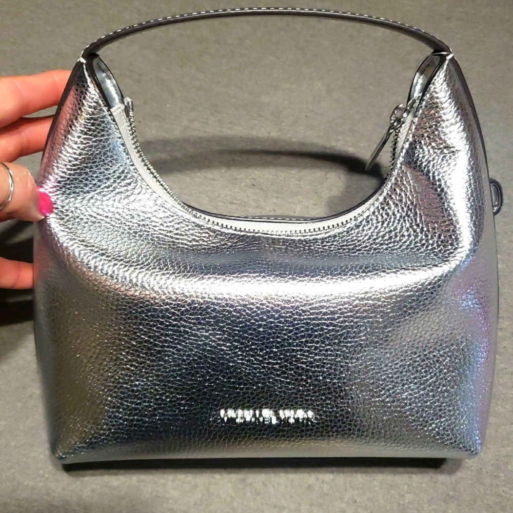 Michael Kors Metallic Silver Leather Shoulder Crossbody Bag Hobo Purse